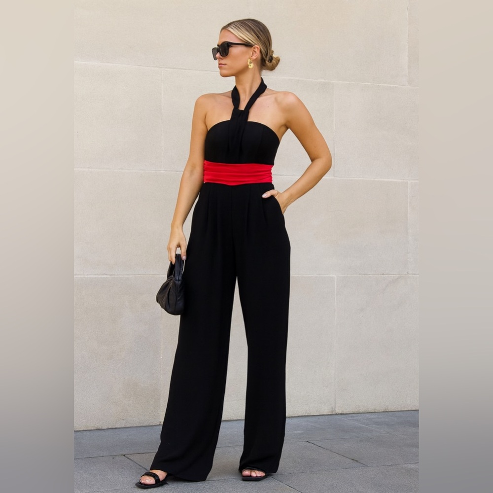Vintage Y2K AList Womens Black Red Belted Halter Neck Full Length Jumpsuit sz XL